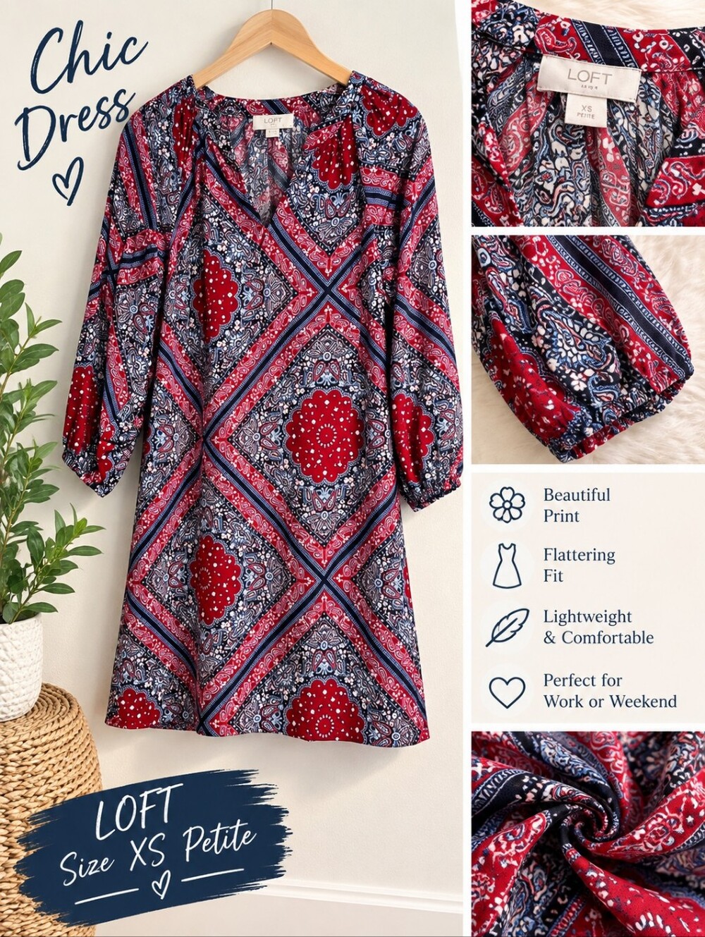 LOFT Paisley Mini Dress in Red & Blue Size XS NWT